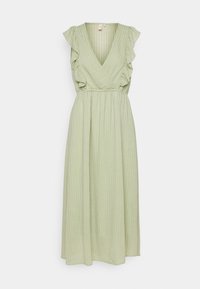 Vestido midi verde con escote en V profundo, mangas con volantes y cintura elástica. Tejido texturizado con rayas verticales, diseño fluido.