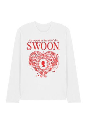 Weißes Langarmshirt mit rotem Text "Ein Experte in der Kunst des SCHWÄRMENS" und einem kunstvollen herzförmigen Design mit einer Silhouetten-Profilabbildung.