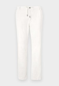 Witte linnenbroek met een rechte pasvorm, voorzien van een elastische tailleband en trekkoordsluiting. Soepele textuur en minimalistisch ontwerp.