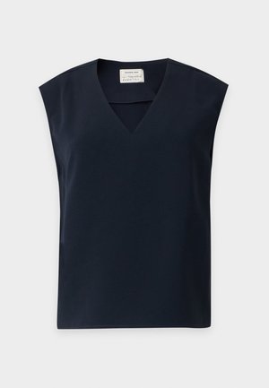 Haut sans manches bleu marine foncé avec col en V, présenté à plat sur un fond clair.