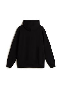 Sort hætte sweatshirt med en glat tekstur, lange ærmer og ribbet kant. Ingen synlige logoer eller mønstre, set fra ryggen.