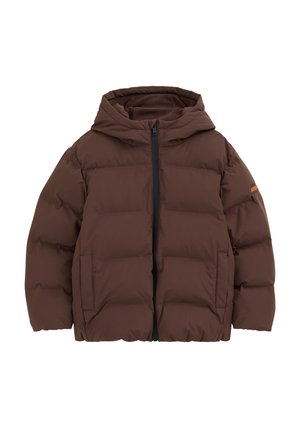 Veste matelassée marron à capuche avec fermeture éclair à l'avant et poches latérales, conçue pour temps froid.