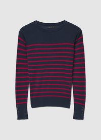 Navy blue sweater with horizontal pink stripes, rounded neckline, long sleeves, and button accents on cuffs. Made from a soft knit material.
