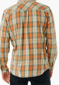 Camicia a maniche lunghe in flanella da uomo con un motivo a quadri blu, arancione e beige. Realizzata in tessuto morbido con una vestibilità comoda e polsini con bottone.