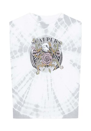 T-shirt tie-dye blanc et gris avec un graphic de crâne et de rose, orné d'accents floraux et du texte "Scalpers" au-dessus du design.