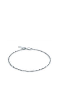 Bracciale in argento con maglie intrecciate, chiusura a moschettone e un piccolo tag rettangolare con dettaglio inciso.