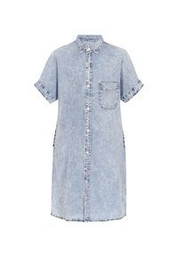 Denim-mekko vaaleansinisessä sävyssä, jossa on lyhyet hihat, kaulus, etunapit ja rintatasku. Ominaisuuksia rento malli ja rispaantunut helma.