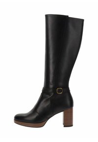 Botte noire en cuir, haute jusqu'au genou, avec un bout rond, un talon en bois épais et une boucle au niveau de la cheville pour une touche de détail supplémentaire.