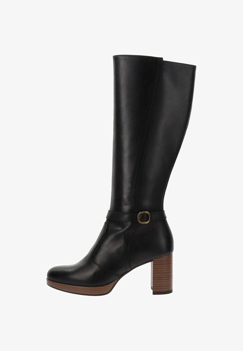 Black leather knee-high boot with a rounded toe, chunky wooden heel, and a buckle accent at the ankle for added detail.