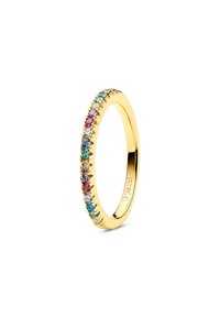 Anello in oro con una fila di pietre multicolori incastonate in griffe. Banda circolare liscia con una finitura lucida e logo inciso all'interno.