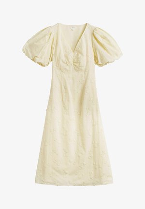 Lichtgele midi-jurk met pofmouwen, V-hals, gerimpelde buste en subtiele bloemrijke borduursels over de hele stof.