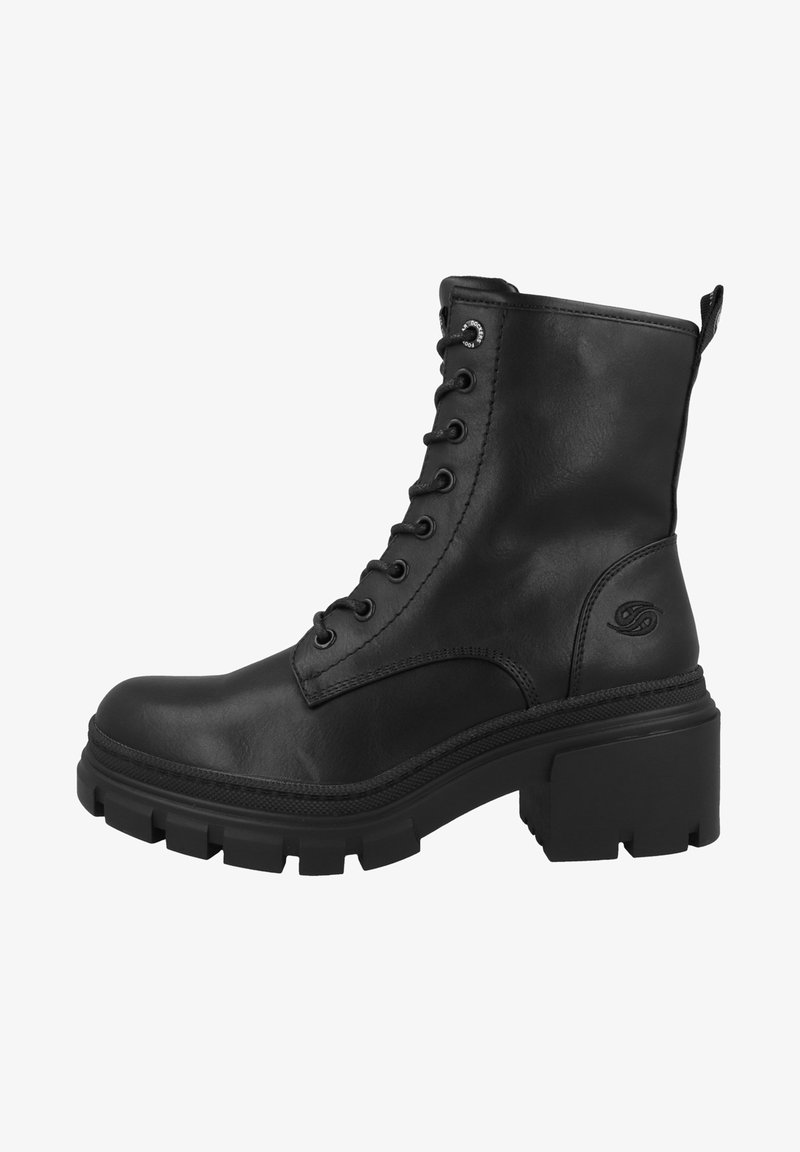 Bottines en cuir noir avec une semelle épaisse, bout rond et système de laçage. Comprend des œillets en métal et une boucle pour un enfilage facile.