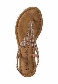 Hnědé semišové sandály s třpytivým strapcem z rhinestone, s T-čkovým designem, nastavitelnou přezkou na kotníku a polstrovanou stélkou.