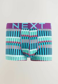 Men's boxer briefs with multicolored vertical and horizontal stripes in teal, navy, coral, and white, and a purple waistband labeled "NEXT."