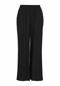 Melnas, brīvas bikses ar elastīgu jostu, kurām ir mīksta, gluda tekstūra un platas, plūstošas kājas. Nav rakstu vai akcentu.