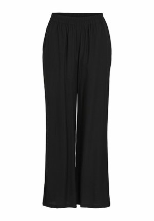 Pantalones negros, holgados, con una cintura elástica, que presentan una textura suave y lisa y piernas anchas y fluidas. Sin estampados ni adornos.