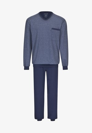 Langärmliges, navy gestreiftes Oberteil mit V-Ausschnitt und Tasche, kombiniert mit einfarbigen navy Hosen. Weicher Stoff, gerippte Bündchen und verstellbarer Bund.