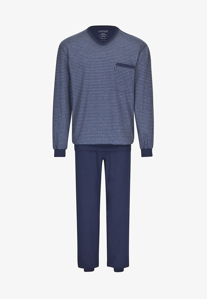 Langärmliges, navy gestreiftes Oberteil mit V-Ausschnitt und Tasche, kombiniert mit einfarbigen navy Hosen. Weicher Stoff, gerippte Bündchen und verstellbarer Bund.