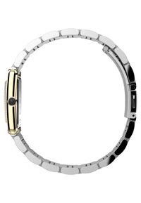 Montre intelligente avec un bracelet bicolore ; maillons métalliques argentés et accents dorés. Cadran rectangulaire arrondi avec un bouton central et finition lisse.