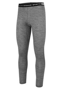 Graue Sportleggings aus elastischem Material, mit einem figurbetonten Design und einem schwarzen elastischen Bund mit dem weißen Text "OUTDOOR SPORTS".