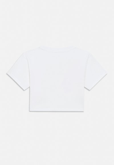 Camiseta corta blanca de manga corta con escote redondo mostrada desde atrás sobre un fondo claro.