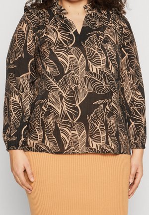 Camiseta negra con escote en V, mangas largas y estampado de hojas en beige claro. Tejido texturizado con acentos fruncidos en los hombros.