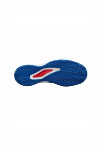 Suola della scarpa con un esterno in gomma blu testurizzata, caratterizzata da un motivo in spina di pesce e un accento rosso nella scanalatura centrale.