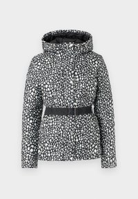 Πουπουλένιο μπουφάν με ασπρόμαυρο πουά σχέδιο, διαθέτει κουκούλα, ζώνη στη μέση και κλείσιμο με κουμπιά πατιλέτα. Λεία υφή.