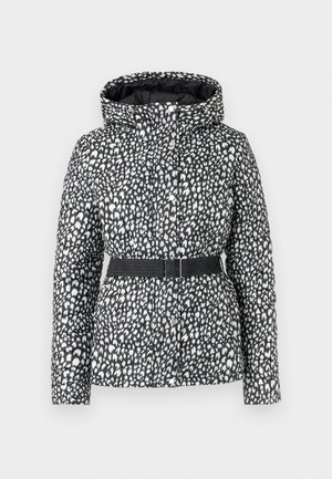 Fekete-fehér foltos mintával ellátott bélelt dzseki, kapucnival, övvel a deréknál és patentos rögzítéssel. Sima tapintású.