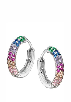 Boucles d'oreilles en argent en forme de créoles, ornées d'un dégradé de pierres de couleurs : vert, bleu, violet, rose et pêche, dans une finition polie.