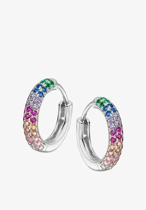 Boucles d'oreilles en argent en forme de créoles, ornées d'un dégradé de pierres de couleurs : vert, bleu, violet, rose et pêche, dans une finition polie.