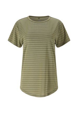 T-shirt vert olive clair à manches courtes avec un motif à fines rayures horizontales et un col rond.