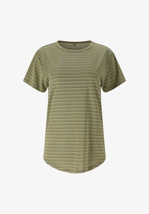 T-shirt vert olive clair à manches courtes avec un motif à fines rayures horizontales et un col rond.