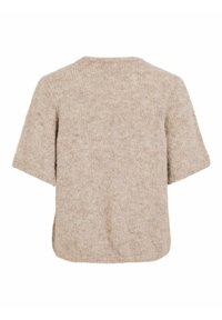 Beež lühikeste varrukatega kampsun pehme, tekstuurse kudumusega. Lihtne ümara kaelusega ja lõdva istuvusega, millel on soonikkoes serv.