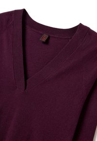 V-Ausschnitt-Pullover aus einem tief lila Stoff, mit gerippten Abschlüssen und einem kleinen Etikett mit roten Akzenten. Weiche Textur, minimalistisches Design.