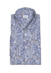 Camicia con bottoni realizzata in cotone, con un motivo paisley blu e beige, colletto a punta e bottoni bianchi.