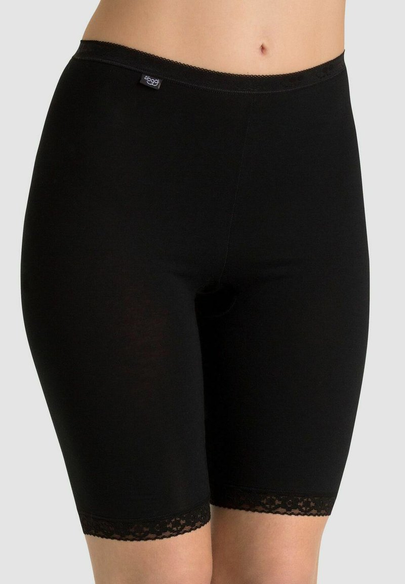 Black spandex shorts with a mid-thigh length, featuring a delicate lace trim at the hem and a seamless waistband.