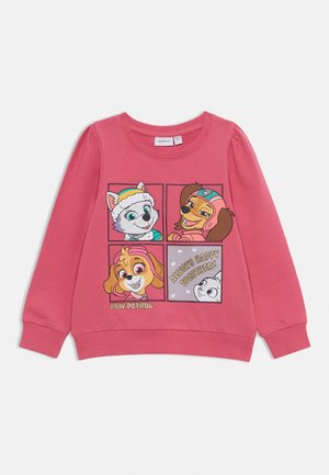 Sweat-shirt rose pour enfants avec les personnages de la Pat’ Patrouille Everest, Skye et Liberty dans des cases de bande dessinée avec le texte « Toujours heureux ensemble ! »