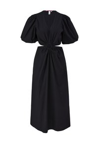 Musthave musta midi kleit, millel on sügav V-kaelus, puffvarrukad ja kokkuvõetud talje, millel on ringikujuline aksentvöö. Sujuv kangas ja voolav disain.