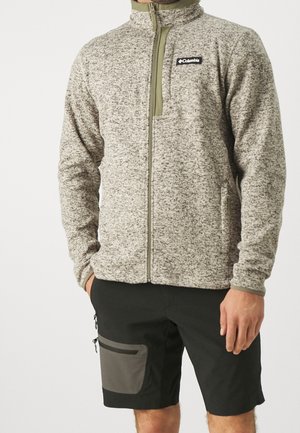 Uomo che indossa una giacca in pile grigia e oliva a zip Columbia e pantaloni corti neri con una tasca grigia con zip sul lato.