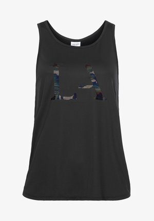 Schwarzes Tanktop aus glattem, leichtem Stoff. Mit einem auffälligen, mehrfarbigen "LA"-Grafik auf der Vorderseite und einem runden Ausschnitt.