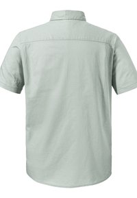 Kurzarmhemd in Hellgrün, aus weichem Stoff, mit Kontrastkragen und gerader Saumlinie mit subtiler Textur.