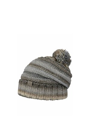 Knitted gray and beige striped beanie with a pom-pom on top and a small fabric logo tag on the folded brim.