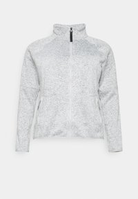 Casaco cinza claro com fecho éclair, feito de tecido texturizado. Apresenta uma gola alta, mangas raglan e bolsos laterais, com um padrão suave de mescla.