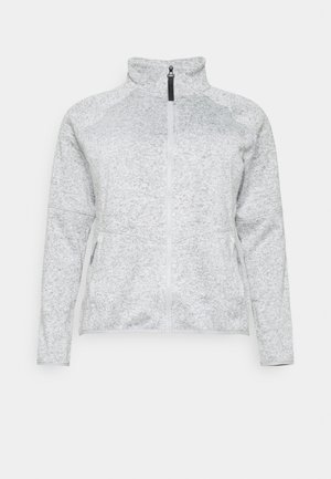 Casaco cinza claro com fecho éclair, feito de tecido texturizado. Apresenta uma gola alta, mangas raglan e bolsos laterais, com um padrão suave de mescla.