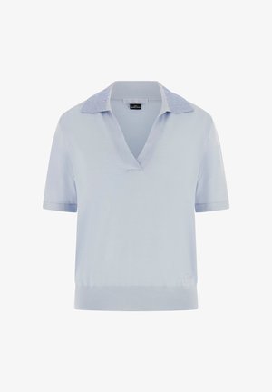 Lichtblauw wollen poloshirt met korte mouwen, een gestructureerde kraag en een geribbelde zoom, met een klein geborduurd logo vlakbij de zoom.