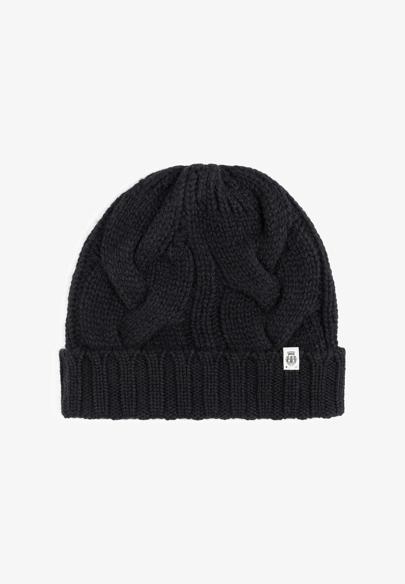 Black knitted beanie featuring a cable pattern, a ribbed cuff, and a small label on the side. The texture appears soft and thick.