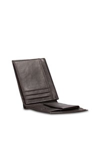 Bruine leren portemonnee met een bifold-ontwerp, meerdere kaartsleuven aan één zijde en een binnenvak voor contant geld of munten.