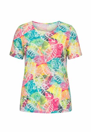 Damen-T-Shirt mit kurzen Ärmeln und mehrfarbigen abstrakten Blattmustern in Rosa, Gelb, Grün, Blau und Weiß.