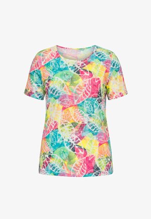 Damen-T-Shirt mit kurzen Ärmeln und mehrfarbigen abstrakten Blattmustern in Rosa, Gelb, Grün, Blau und Weiß.